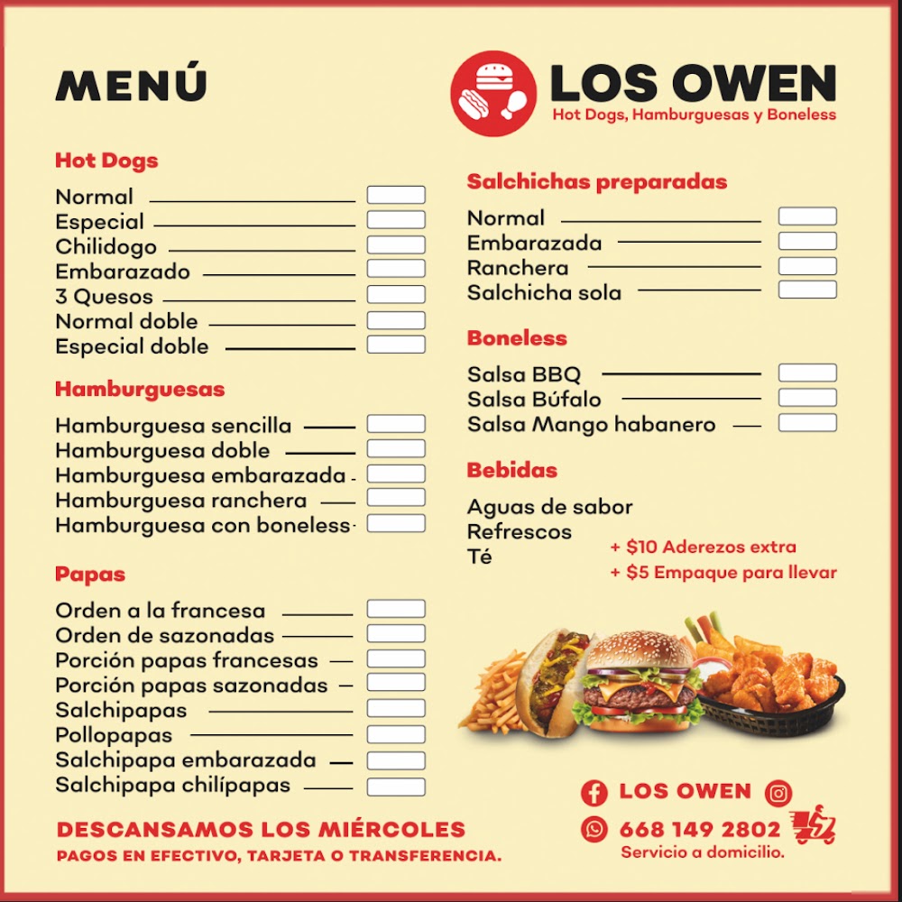 Los Owen Hotdogs, Hamburguesas y Boneless